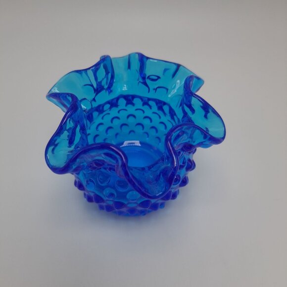 Fenton Colonial Blue Hobnail 3" Double Crimped Rim Glass Flower Vase - Picture 2 of 8